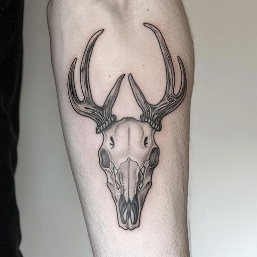 Gothic black and gray deer skull tattoo on bright white background