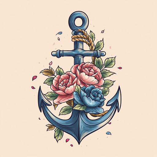 Anchor with Flowers Tattoo Design in Blue and Pink