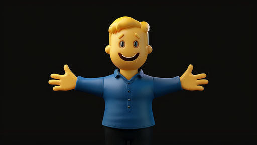 Yellow man in blue shirt with wide open arms smiling