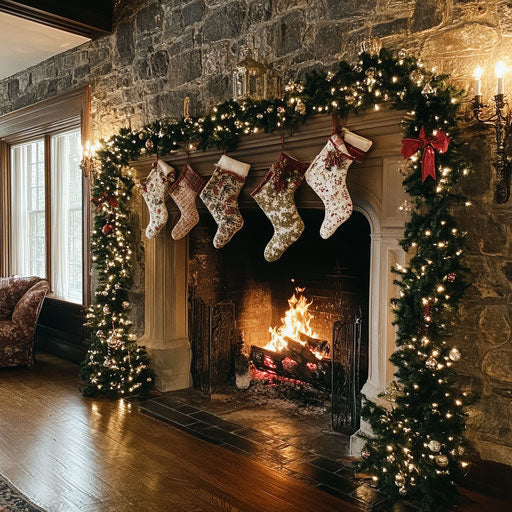 Stone fireplace with Christmas decorations and crackling fire