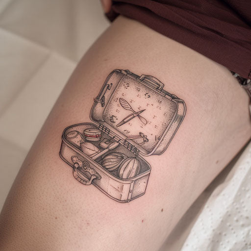 Detailed tattoo of vintage suitcase open to reveal travel essentials on white canvas