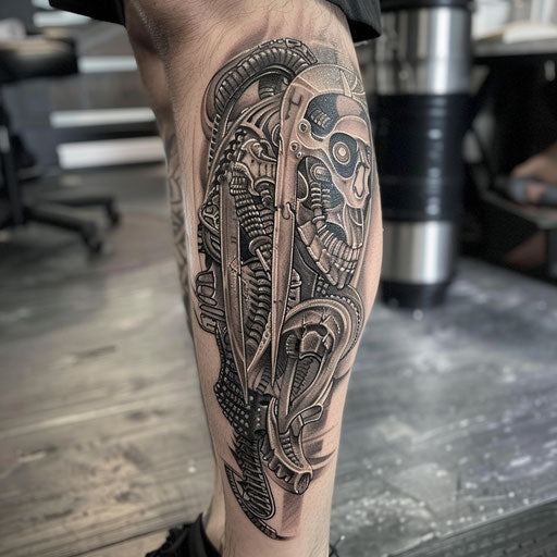 Biomechanical tattoo with heroic elements, in the style of Glenn Fabry