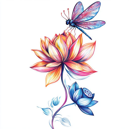 Upper arm tattoo sketch for women with dragonfly and lotus flower