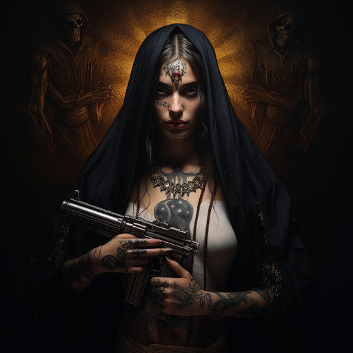 Religious icon with skull and gun, crosshatched style, Thriftcore