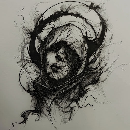 Bold and dark flat tattoo sketch with a soul enveloped in mysterious shadows