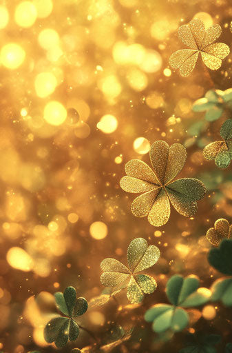 3D Glittering shamrock leaves with golden bokeh background