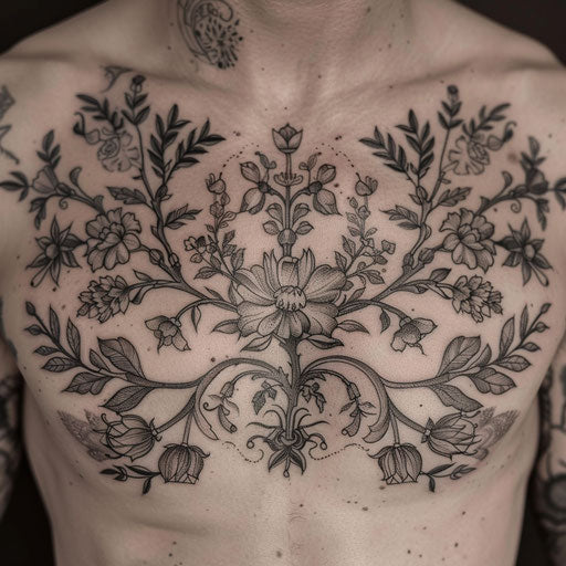 Men's chest tattoo, detailed botanical illustrations