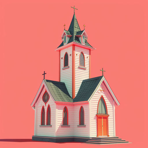 Realistic church clipart on a flat, vibrant coral background