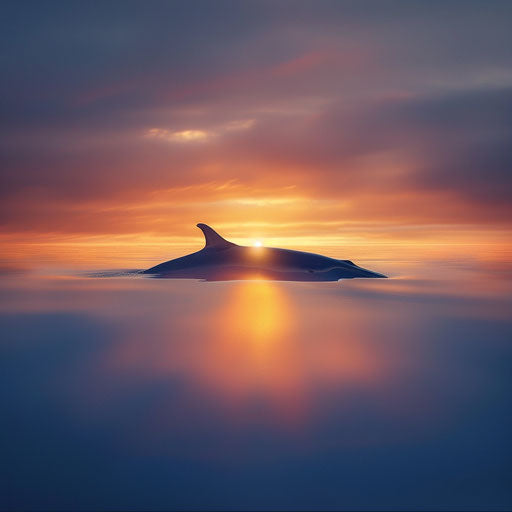 Blue whale silhouette at glowing sunset