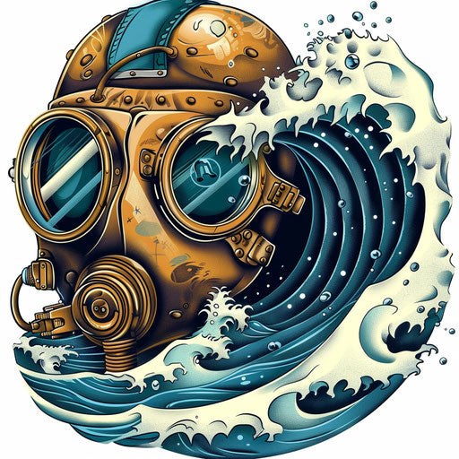 Vintage diver helmet with sea waves, sailor tattoo in neo-traditional colors, white background illustration