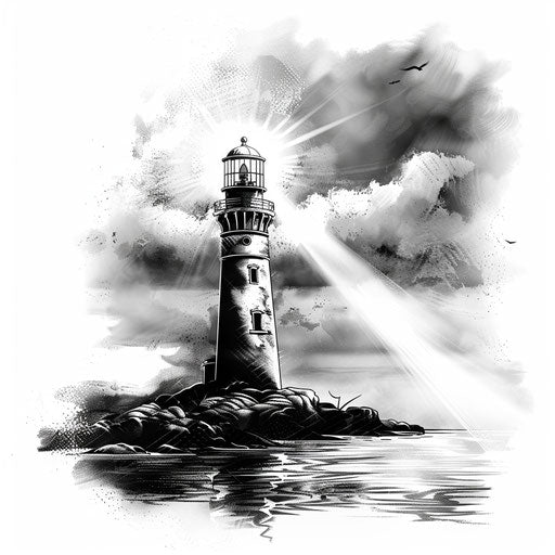 Lighthouse beam piercing fog in monochrome clipart style