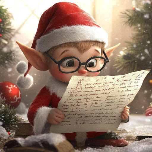 A Christmas elf reading a massive list of children's wishes