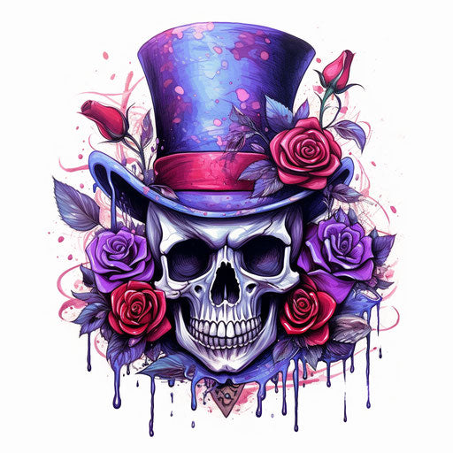Skull with top hat and roses tattoo design