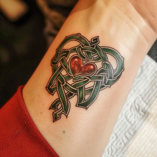 Celtic-inspired Queen of Hearts tattoo with intricate knotwork and green accents