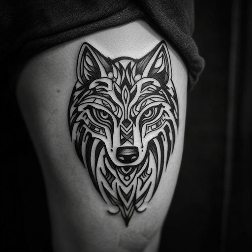 Tribal wolf tattoo in the style of Ami James