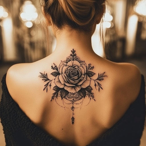 Rose tattoos for women with a mandala design in the background in the style of Ami James