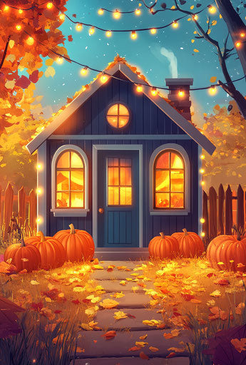 Pumpkin house with lights, cartoon style, autumn background