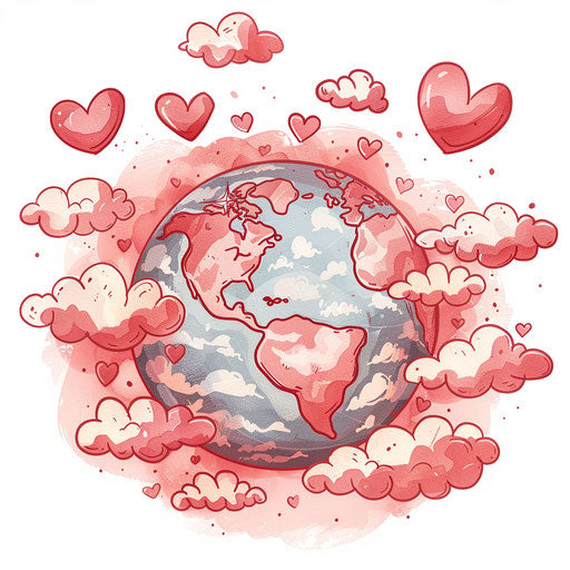 Romantic flat tattoo sketch of a globe surrounded by heart-shaped clouds