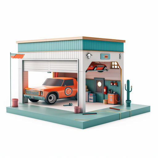 Realistic garage clipart on white background, vibrant colors