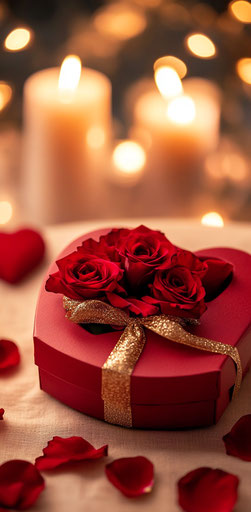 Red heart-shaped box with gold ribbon and roses