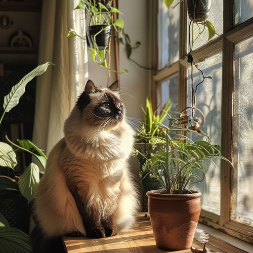 Himalayan cat sitting by a sunny window with plants in the background