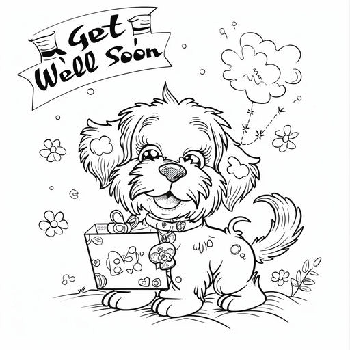 Adorable puppy delivering a 'Get Well Soon' card with a wagging tail. Coloring book page