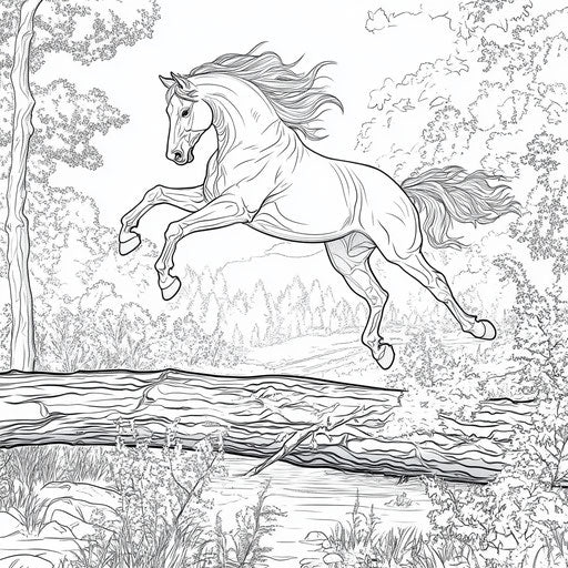 Mustang jumping over a log in the wilderness