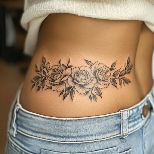 Lower back tattoos for women on a Pure White Background in the style of Adrian Smith