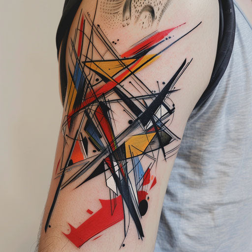 Vividly colored geometric tattoo design on white background