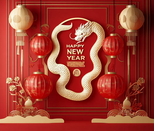 Chinese New Year poster with cute snake, lantern and gold decoration