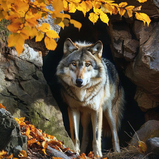Wolf on watch near den under rocky outcrop