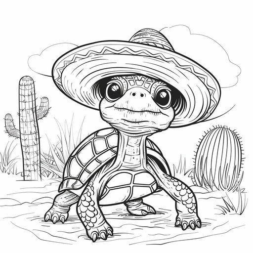 Desert turtle with sombrero, fun cartoon