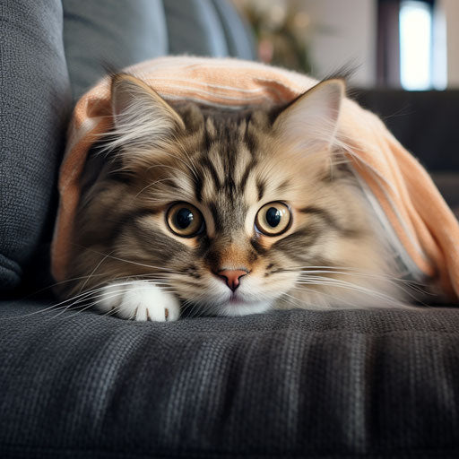 A Siberian cat peeking over the arm of a couch