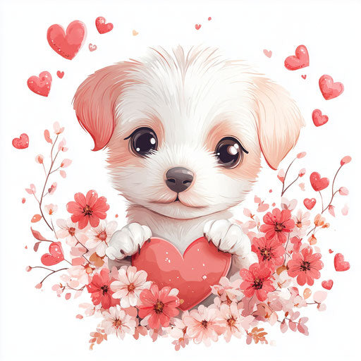 Cute Valentine's Day puppy surrounded by flowers and hearts