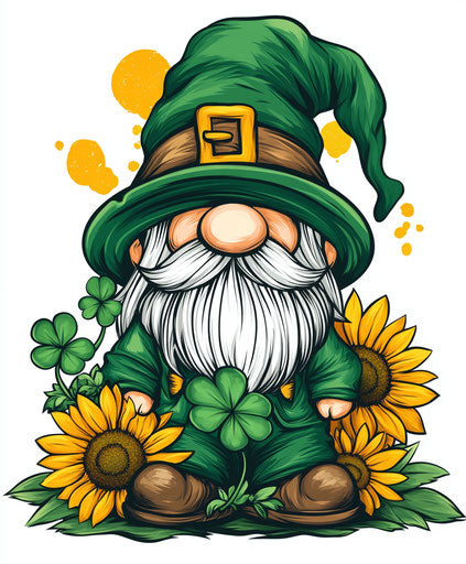 St. Patrick's Day Gnome, sunflowers, and clover in a hat