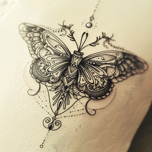 Enchanting geometric tattoo pattern of a butterfly with kaleidoscopic wings, detailed intricately on white
