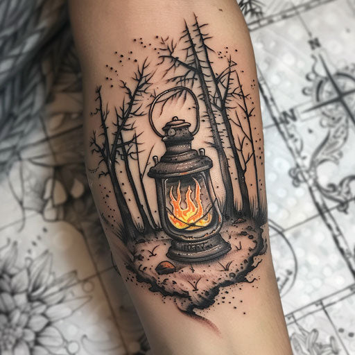 Adventure-themed fire tattoo