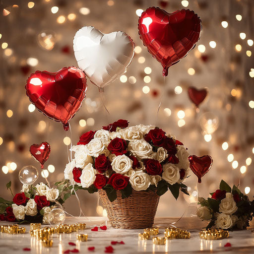 Romantic setting with heart-shaped balloons and roses