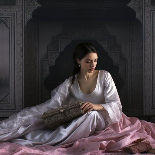 Woman in white kafan on a bed in a mosque