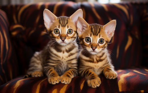Two Bengal kittens sitting on a couch