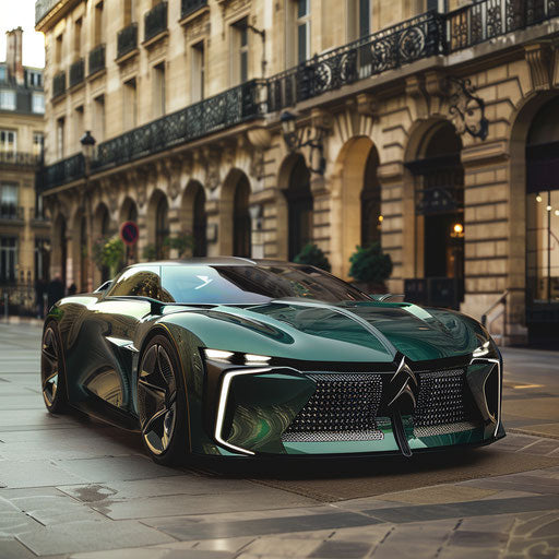 Electric Citroen DS 20 concept car in a modern, green city