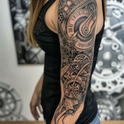 Arm tattoos for women in the style of Adrian Smith with intricate mechanical gears and steampunk themes