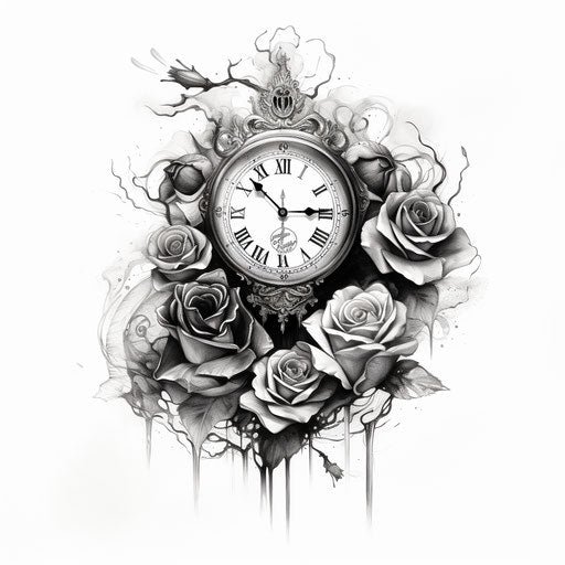 Black and white tattoo of a skull, roses, and a clock