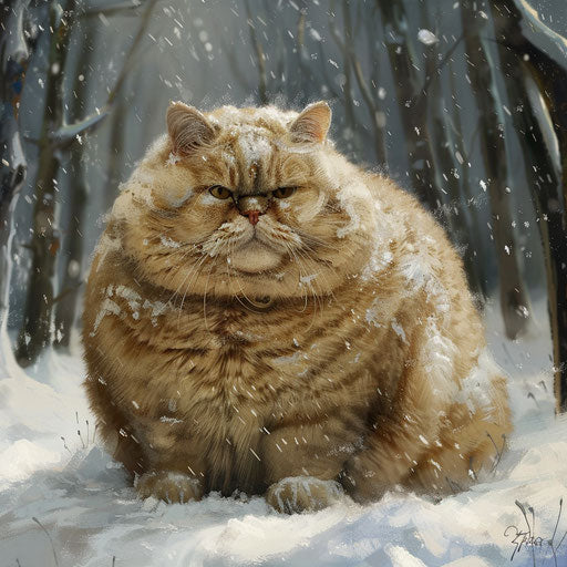 Chubby cat in the snow