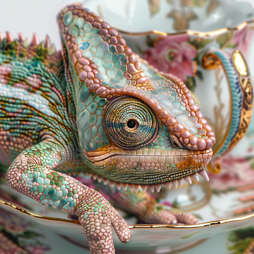 Chameleon at tea party, blending into porcelain teacup designs