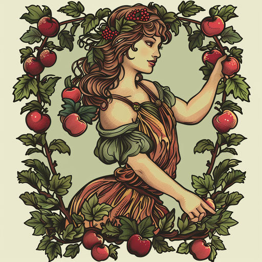 Whimsical flat tattoo sketch of a young Venus picking apples
