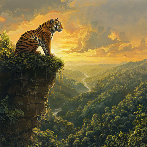 Sumatran tiger on cliff in golden sunset light over jungle