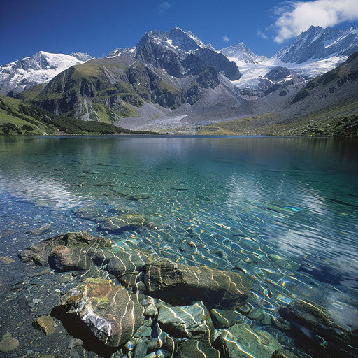 Glacial lake surrounded by snow-capped peaks