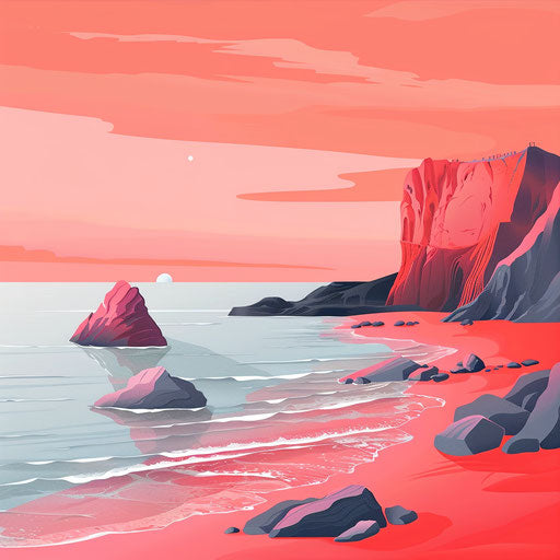 Realistic landscape clipart on vibrant coral background