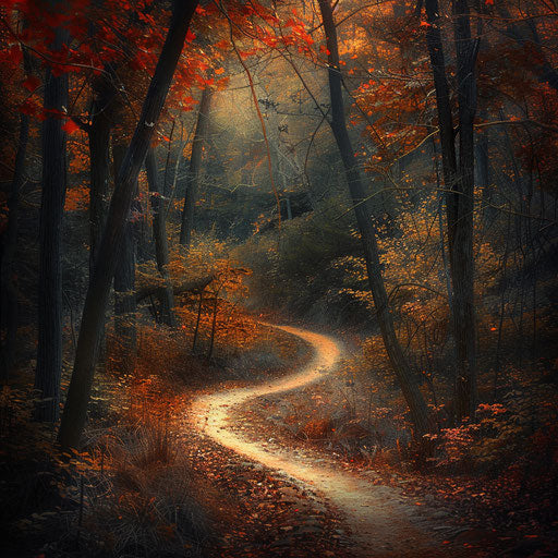 Solitary path winding through vibrant autumn forest
